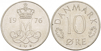 Дания 10 эре 1976 S; B, Маргрете II (1972- ) KM 860.1 медно-никель 3309-159