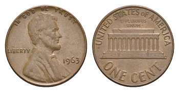 США 1 цент 1963 Авраам Линкольн KM 201 медь цинк  aUNC  4640-365