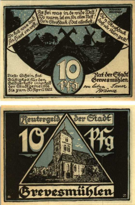ГРЕВЕСМЮЛЕН 10 ПФЕННИГОВ 1922 НОТГЕЛЬД, 1922 - 30 АПРЕЛЯ 1922, ЗЕМЛЯ МЕКЛЕНБУРГ-ПЕРЕДНЯЯ ПОМЕРАНИЯ Grabowski 473.2 бумага 7548-117-1-1