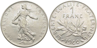 ФРАНЦИЯ 1 ФРАНК 1960 СЕЯТЕЛЬ KM 925.1, LE FRANC 226.4 никель 175-515