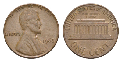 США 1 цент 1963 Авраам Линкольн KM 201 медь цинк  aUNC  4640-365