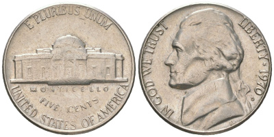 США 5 центов 1970 D, Джефферсон KM A192 медно-никель 192-1049
