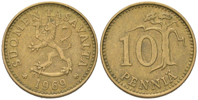 Финляндия 10 пенни 1969 S KM 46 алюминиевая бронза 218-1114