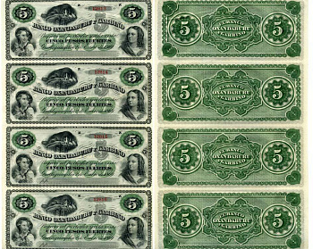 Аргентина, Banco Oxandaburu y Garbino 5 песо 1869 неразрезанный блок из 4 банкнот. Fuerte peso Pick S1792  бумага  UNC (пресс) 7551-47-1-1