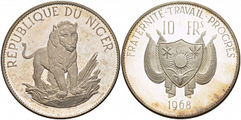 Нигер 10 франков 1968 лев, с чертой над Е, в слове Republique, тираж 1000 экземпляров KM 8.1 серебро PROOF 01-173-23