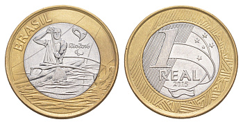 Бразилия 1 реал 2015 XV летние Паралимпийские игры, Рио-де-Жанейро 2016 - Параканоэ KM 706 биметалл UNC 4646-154