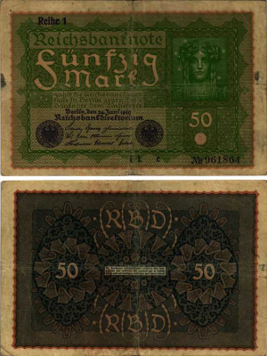 ГЕРМАНИЯ 50 МАРОК 1919 24 ИЮНЯ 1919, REIHE I, СЕРИЯ IL, ВЫПУСК С НОЯБРЯ 1919 ГОДА Pick 66, Rosenberg 62аа бумага 444-151-1