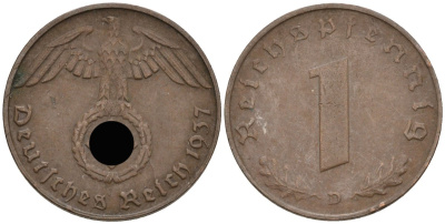 Германия 1 рейхспфенниг 1937 D KM 89, J 361 бронза 4136-461