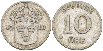 Швеция 10 эре 1916 W, Густав V (1907-1950) KM 780 серебро 116-1142