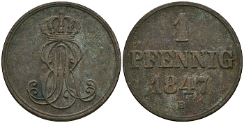 Ганновер 1 пфенниг 1847 B, Эрнст Август (1837-1851) KM 201.1, AKS 129, J. 74 медь 08-1329