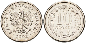 ПОЛЬША 10 ГРОШЕЙ 1992 MW KM 279 медно-никель 192-418
