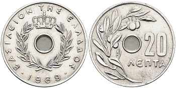 Греция 20 лепта 1969 Константин II (1964-1974), оливковая ветвь KM 79 алюминий 4563-754