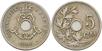 Бельгия 5 сантимов 1906 Belgie, Леопольд II (1865-1909) KM 55 медно-никель 4549-1028