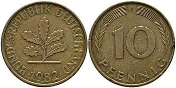 ФРГ 10 ПФЕННИГОВ 1982 J KM 108, J.383 сталь плакированная латунью 33-152
