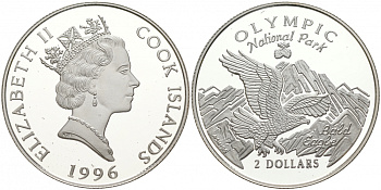 Острова Кука 2 доллара 1996 серия национальные парки, Олимпик, летящий орел KM 280 серебро PROOF 1087-9-24