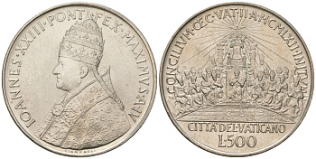 Ватикан 500 лир 1962 Второй Ватиканский собор, Иоанн XXIII (1958-1963), тираж 60.000 экземпляров KM 74 серебро UNC 32-223