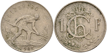 Люксембург 1 франк 1962 сталевар KM 46.2 медно-никель 4597-1143