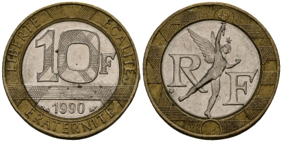 Франция 10 франков 1990 тип Гений Бастилии KM 964.1, Le Frank 375.5 биметалл 4138-331