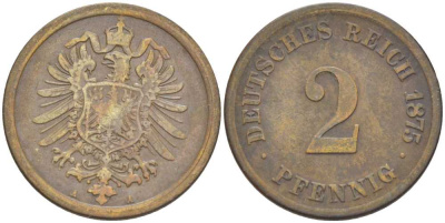 ГЕРМАНИЯ 2 ПФЕННИГА 1875 A, СТАРОГЕРБОВКА KM 2, J. 2, Weege 3 медь 212-553
