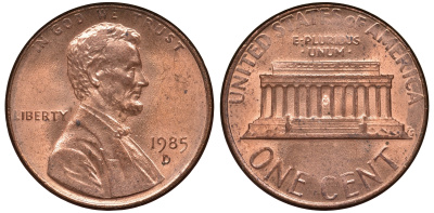 США 1 ЦЕНТ 1985 D, ЛИНКОЛЬН KM 201b цинк плакированный медью 62-715