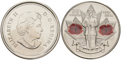Канада 25 центов 2010 65 лет победы во Второй мировой войне, цветная эмаль KM 1028 никелированная сталь UNC M32-03