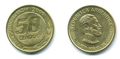Аргентина 50 сентаво 2000 179 лет со дня смерти генерала Мартина Мигела де Гемеса KM 129 алюминиевая бронза  UNC   36-225