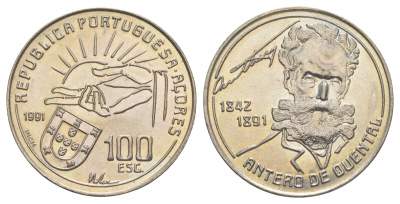Португалия, Азорские острова 100 эскудо 1991 100 лет со дня смерти Антеру де КенталАвтономный регион Асориш, KM 46 медно-никель UNC 4185-431