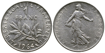 Франция 1 франк 1964 сеятель KM 925.1, Le Franc 226.8 никель 51-4342