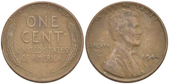 США 1 ЦЕНТ 1944 ЛИНКОЛЬН KM А132 медь цинк 3309-522