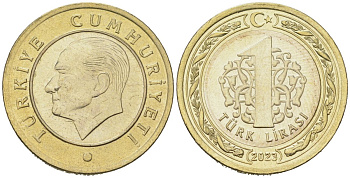 Турция 1 лира 2023 KM 1575 биметалл UNC 3334-213