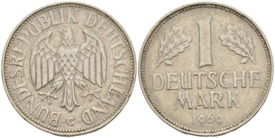 ФРГ 1 МАРКА 1960 G KM 110, J. 385 медно-никель 4551-1241