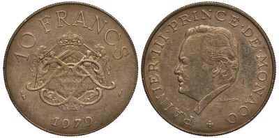 Монако 10 франков 1979 Ренье III (1949-2005) KM 154 медь никель алюминий 114-514