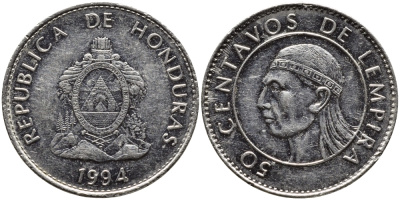 Гондурас 50 сентаво 1994 бюст касика Лемпира KM 84а.1 сталь плакированная никелем 4390-147