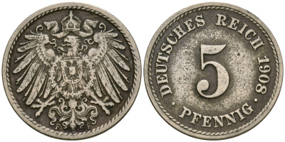Германия 5 пфеннигов 1908 F KM 11, Jager 12, Weege 6 медно-никель 4364-4545
