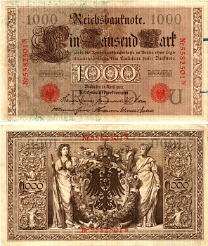 Германия 1000 марок 1910 Pick 44b бумага 7547-41-2-2