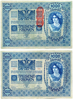 АВСТРИЯ 1000 КРОН 1919 ВЕНА, 2 ЯНВАРЯ 1902, КРАСНАЯ ВЕРТИКАЛЬНАЯ НАДПЕЧАТКА Pick 59 бумага XF 8607-40-1