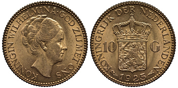 Нидерланды 10 гульденов 1925 Вильгельмина KM 162 золото UNC 00-808-05