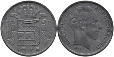 БЕЛЬГИЯ 5 ФРАНКОВ 1945 BELGES, ГЕРМАНСКАЯ ОККУПАЦИЯ, ВТОРАЯ МИРОВАЯ ВОЙНА KM 129.1 цинк 93-1153