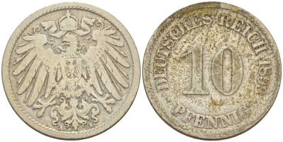 ГЕРМАНИЯ 10 ПФЕННИГОВ 1893 A KM 12, J. 13, Weege 8 медно-никель 261-1251