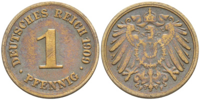 ГЕРМАНИЯ 1 ПФЕННИГ 1909 F KM 10, Jager. 10, Weege 2 медь 4528-1257