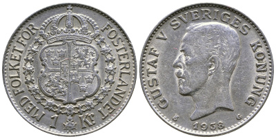 ШВЕЦИЯ 1 КРОНА 1938 G, ГУСТАВ V (1907-1950) KM 786.2 серебро 4178-644