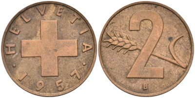 Швейцария 2 раппена 1957 В KM 47 бронза 4591-1211