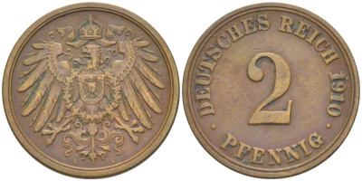 ГЕРМАНИЯ 2 ПФЕННИГА 1910 A KM 16, J. 11, Weege 4 медь 206-553
