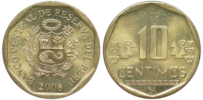 Перу 10 сентимо 2008 KM 305.4 латунь aUNC 4605-551