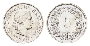 Швейцария 5 раппенов 1970 KM 26 медно-никель 4705-1261