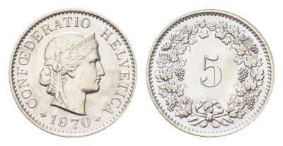 Швейцария 5 раппенов 1970 KM 26 медно-никель 4705-1261