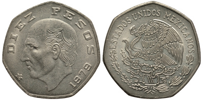 МЕКСИКА 10 ПЕСО 1979 МАНУЭЛЬ ХИДАЛЬГО КАСТИЛЬЯ KM 477.2 медно-никель VF+ 215-1011