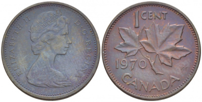 Канада 1 цент 1970 Елизавета II (1952-2022), кленовый лист KM 59.1 бронза 4547-268