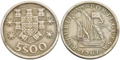 ПОРТУГАЛИЯ 5 ЭСКУДО 1967ПАРУСНИК KM 591 медно-никель 3718-454