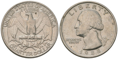 США 25 центов = квотер 1988 P, Вашингтон KM 164a медь плакированная медно-никелем 4595-1245